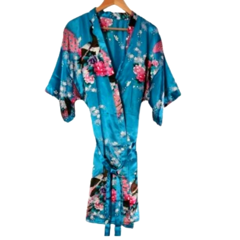 Elegant Floral Kimono Satin Robe - Teal and Pink